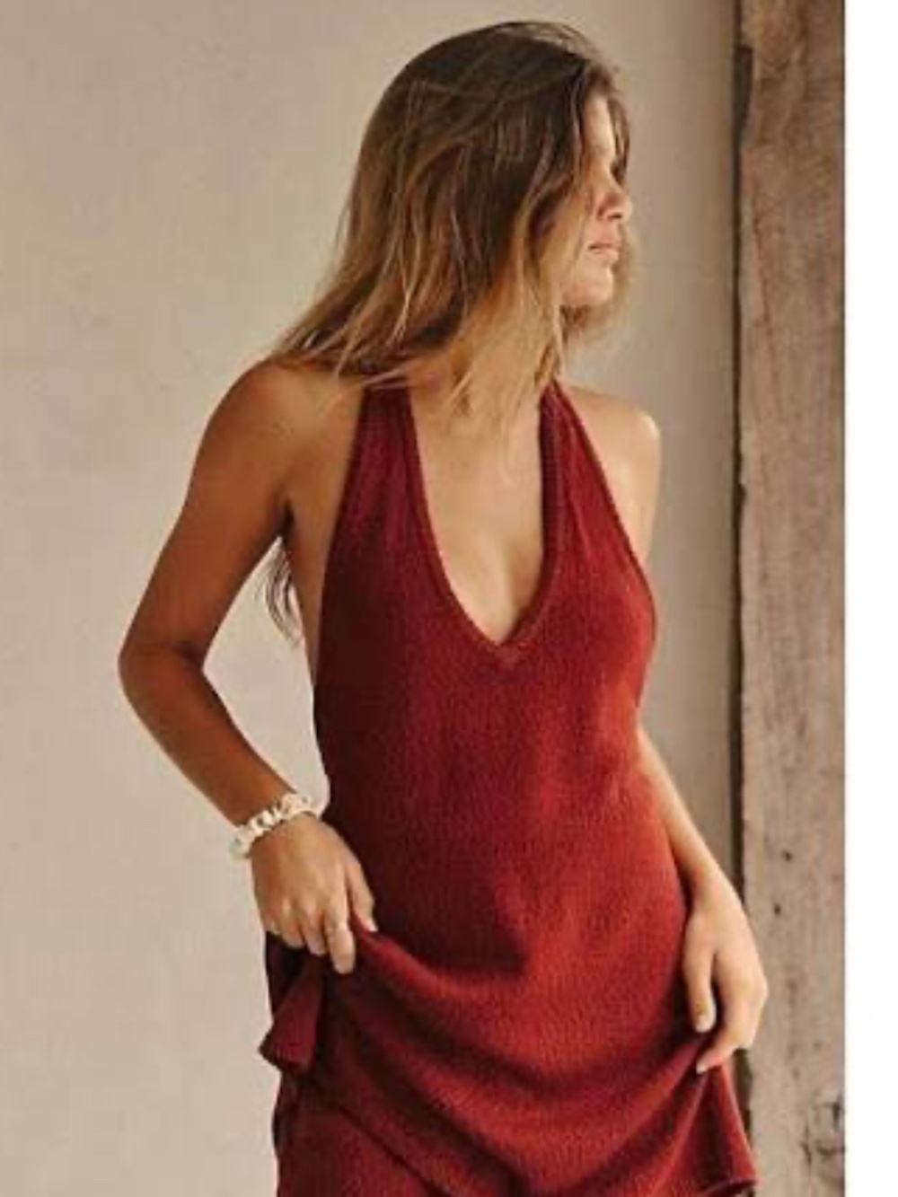Free People Red Knit Halter Top ONLY Open Back Tie Small NWT
